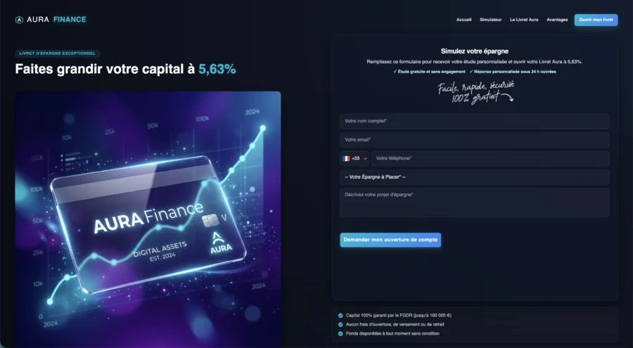 Page d'inscription de la plateforme AURA Finance promettant cinq pour cent de rendement et affichant un formulaire de connexion