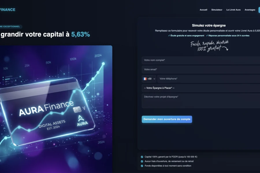 Page d'inscription de la plateforme AURA Finance promettant cinq pour cent de rendement et affichant un formulaire de connexion