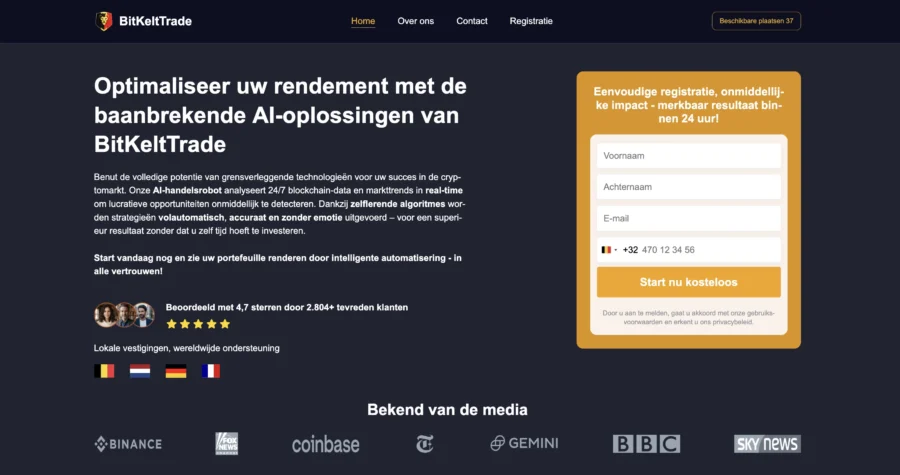 Capture d'écran du site BitKeltTrade affichant une offre d'optimisation des rendements via l'IA et des logos de presse.