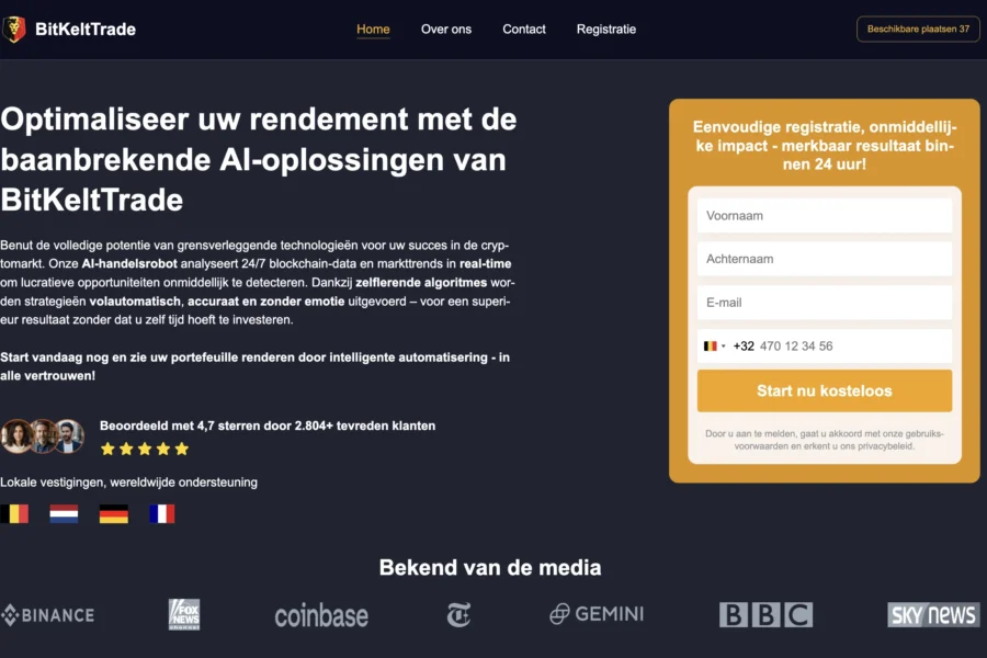 Capture d'écran du site BitKeltTrade affichant une offre d'optimisation des rendements via l'IA et des logos de presse.