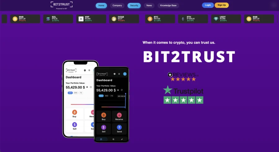 Capture d’écran du site Bit2Trust montrant deux interfaces d’application mobile sur fond violet avec des étoiles d’évaluation.