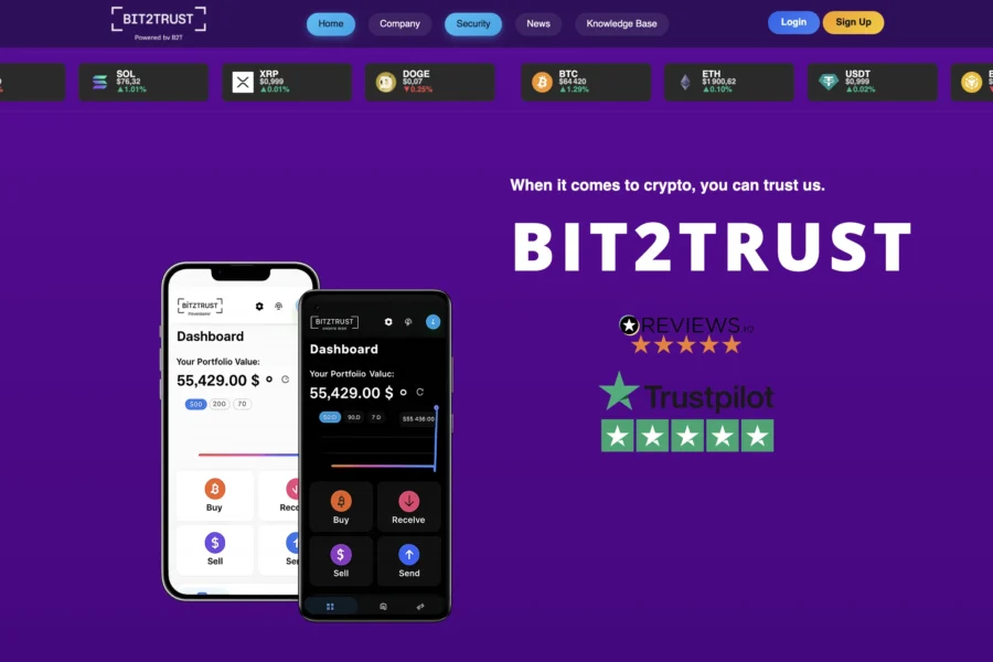 Capture d’écran du site Bit2Trust montrant deux interfaces d’application mobile sur fond violet avec des étoiles d’évaluation.