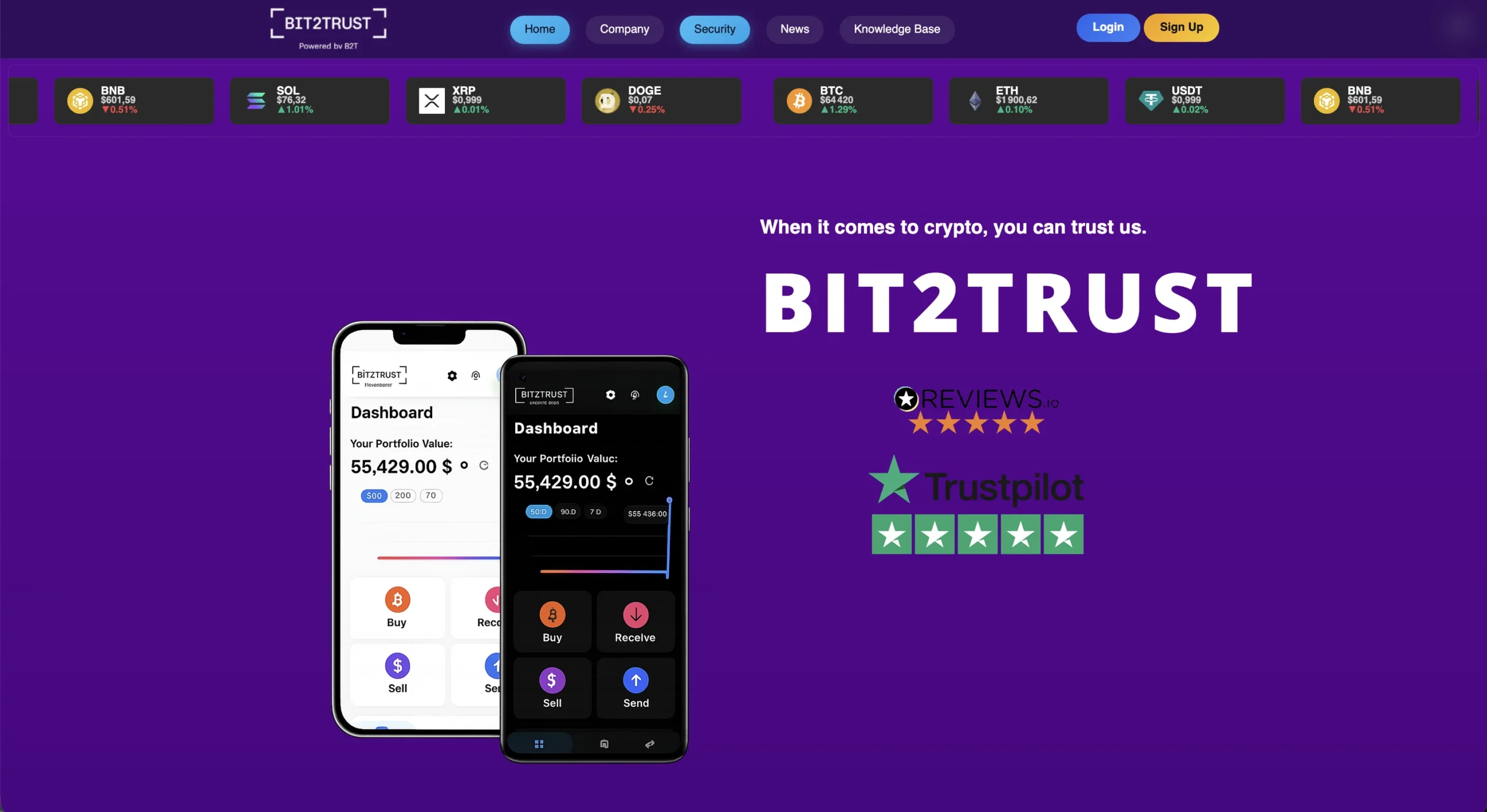 Capture d’écran du site Bit2Trust montrant deux interfaces d’application mobile sur fond violet avec des étoiles d’évaluation.