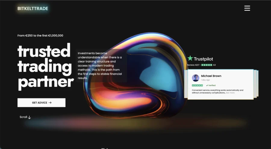 Capture d'écran affichant le slogan 'trusted trading partner' et un avis Trustpilot sur le site Bitkulltrade