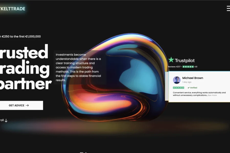 Capture d'écran affichant le slogan 'trusted trading partner' et un avis Trustpilot sur le site Bitkulltrade