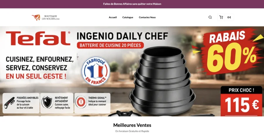 Bannière publicitaire suspecte affichant une batterie de cuisine Tefal à 115 euros avec une réduction de 60 pourcents.