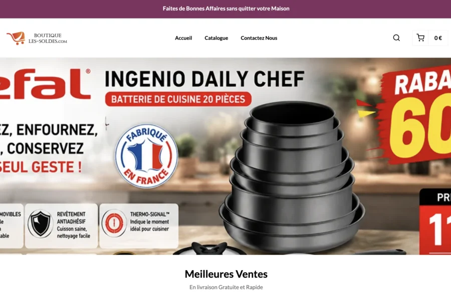 Bannière publicitaire suspecte affichant une batterie de cuisine Tefal à 115 euros avec une réduction de 60 pourcents.