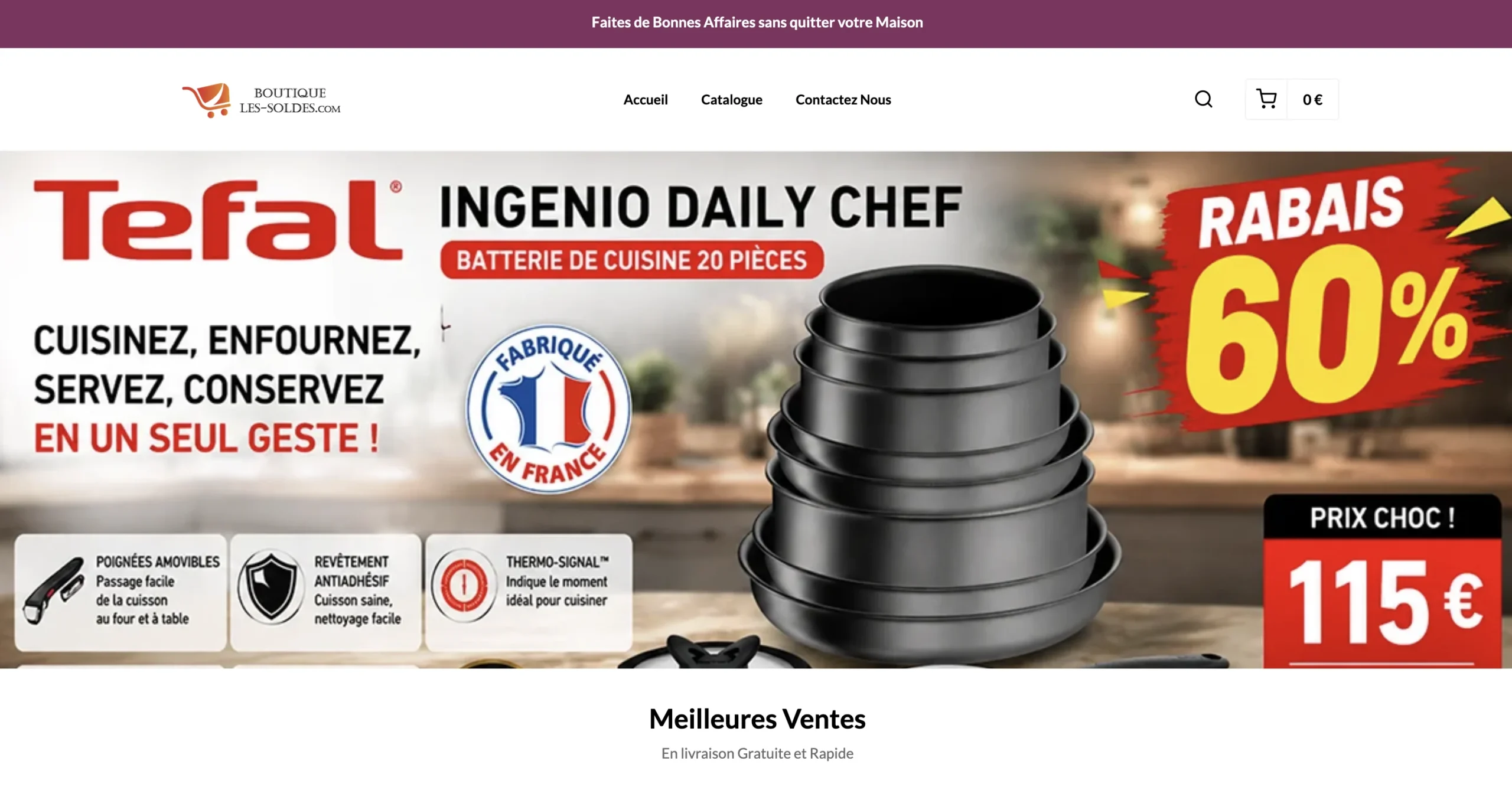 Bannière publicitaire suspecte affichant une batterie de cuisine Tefal à 115 euros avec une réduction de 60 pourcents.