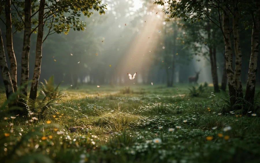 Rayons de soleil traversant une forêt de bouleaux où un papillon vole et un cerf est visible au loin.