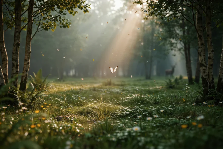 Rayons de soleil traversant une forêt de bouleaux où un papillon vole et un cerf est visible au loin.
