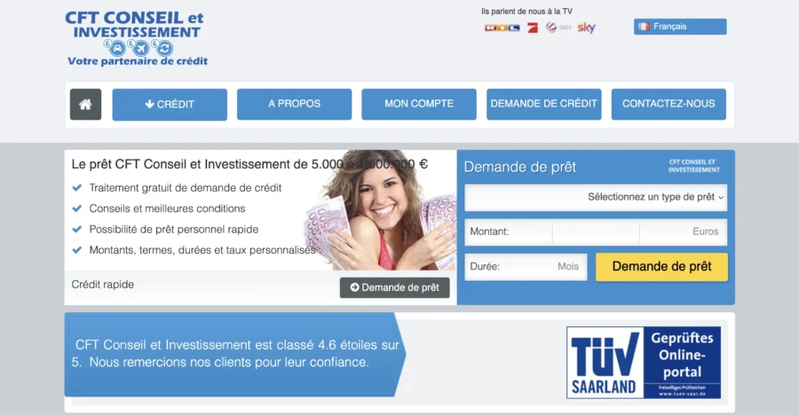Femme souriante sur une page web proposant un prêt personnel sans justificatifs.