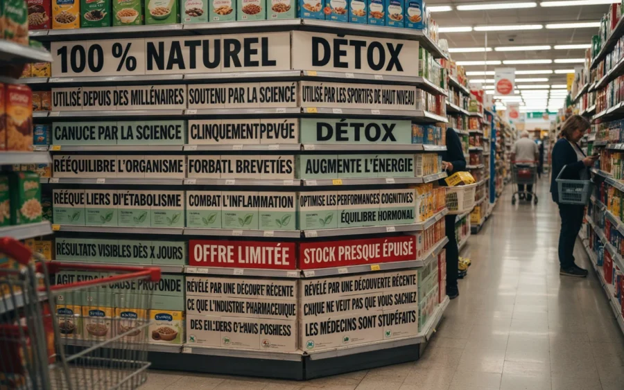 Étagère de supermarché avec des boîtes affichant des allégations publicitaires mensongères sur des produits détox.