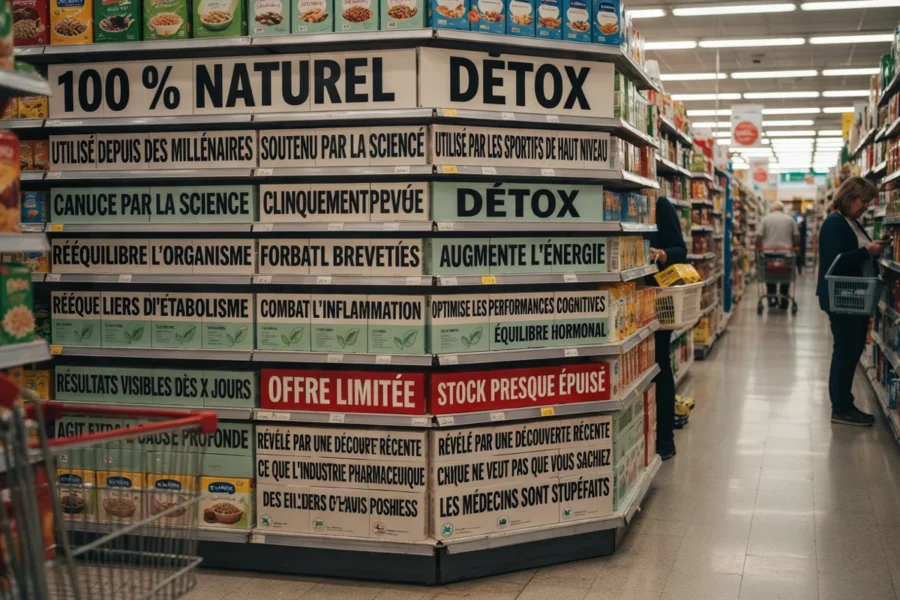 Étagère de supermarché avec des boîtes affichant des allégations publicitaires mensongères sur des produits détox.