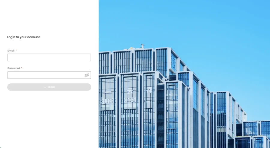 Formulaire de connexion avec un fond montrant des immeubles modernes.