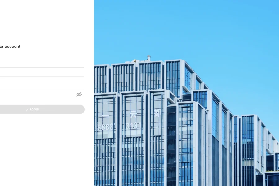 Formulaire de connexion avec un fond montrant des immeubles modernes.