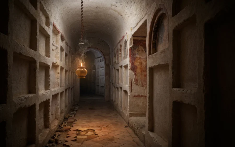 Couloir souterrain ou intérieur ancien au plafond en voûte, aux murs de pierre percés d'ouvertures rectangulaires et éclairé par une lumière tamisée.