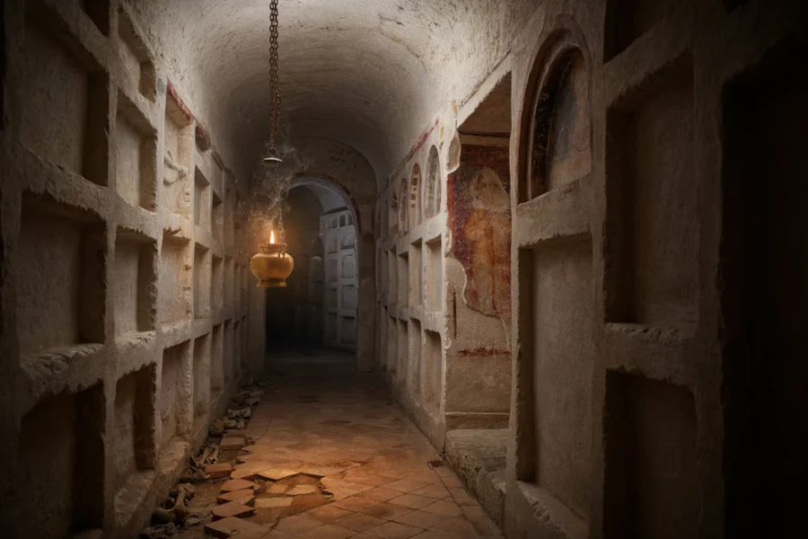Couloir souterrain ou intérieur ancien au plafond en voûte, aux murs de pierre percés d'ouvertures rectangulaires et éclairé par une lumière tamisée.