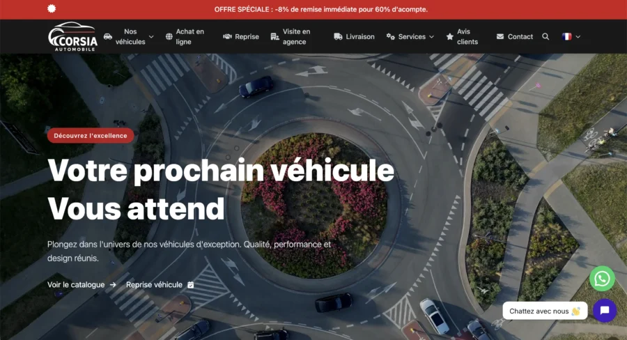 Capture d'écran de la page d'accueil du site Corsia affichant une vue aérienne d'un rond-point et un message accrocheur.