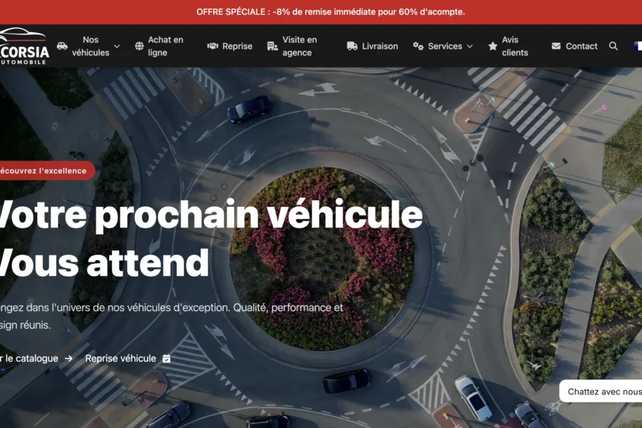 Capture d'écran de la page d'accueil du site Corsia affichant une vue aérienne d'un rond-point et un message accrocheur.