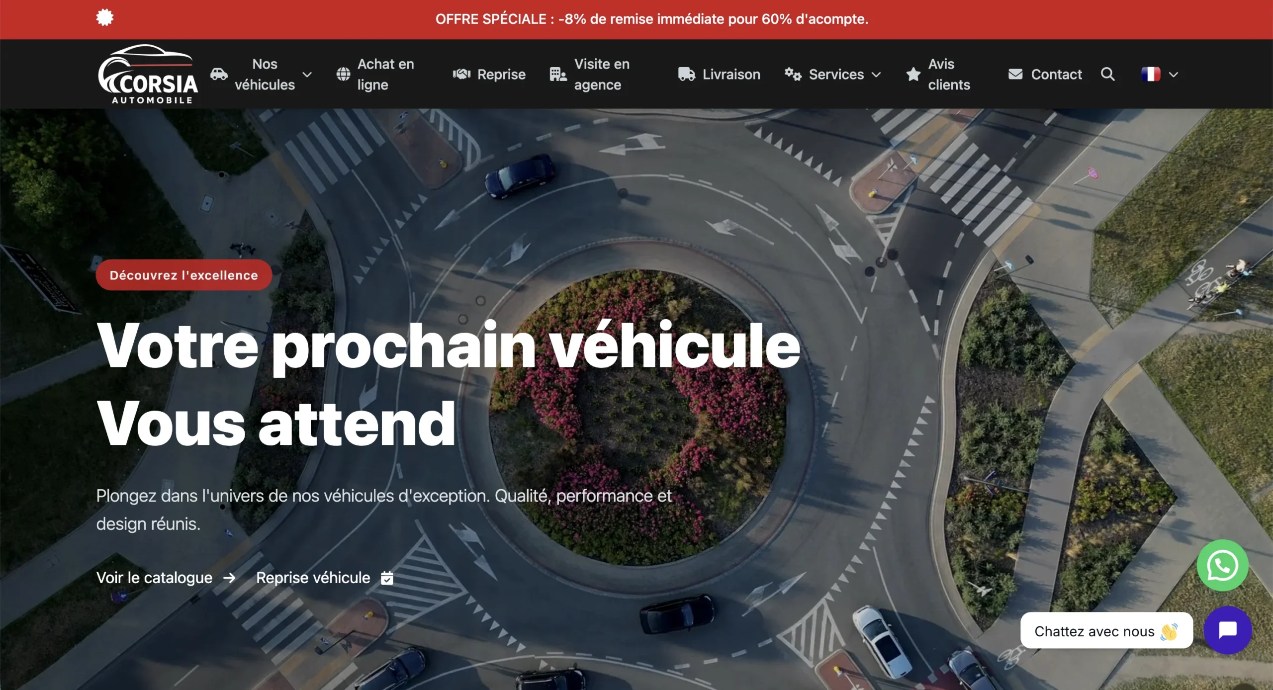 Capture d'écran de la page d'accueil du site Corsia affichant une vue aérienne d'un rond-point et un message accrocheur.