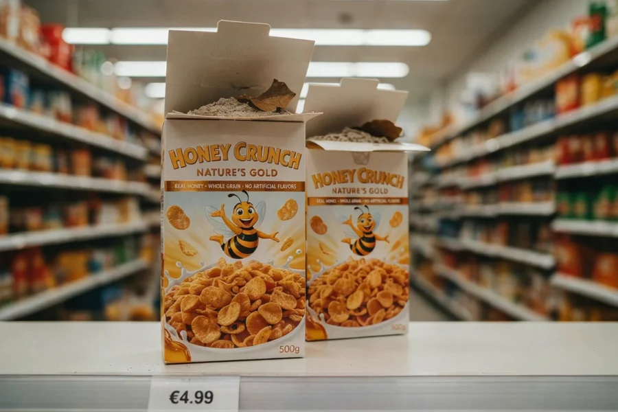 Vue frontale de deux boites Honey Crunch avec prix de 4,99 euros visible sur l etiquette du rayon.