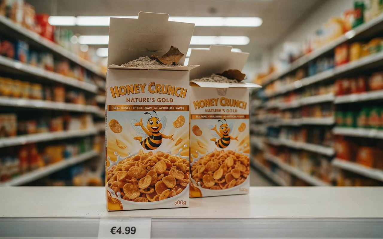 Vue frontale de deux boites Honey Crunch avec prix de 4,99 euros visible sur l etiquette du rayon.