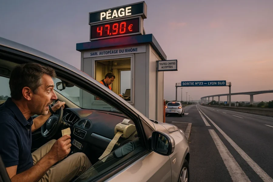 Un automobiliste choqué regarde un ticket de péage tandis que le panneau affiche 47,90 euros.