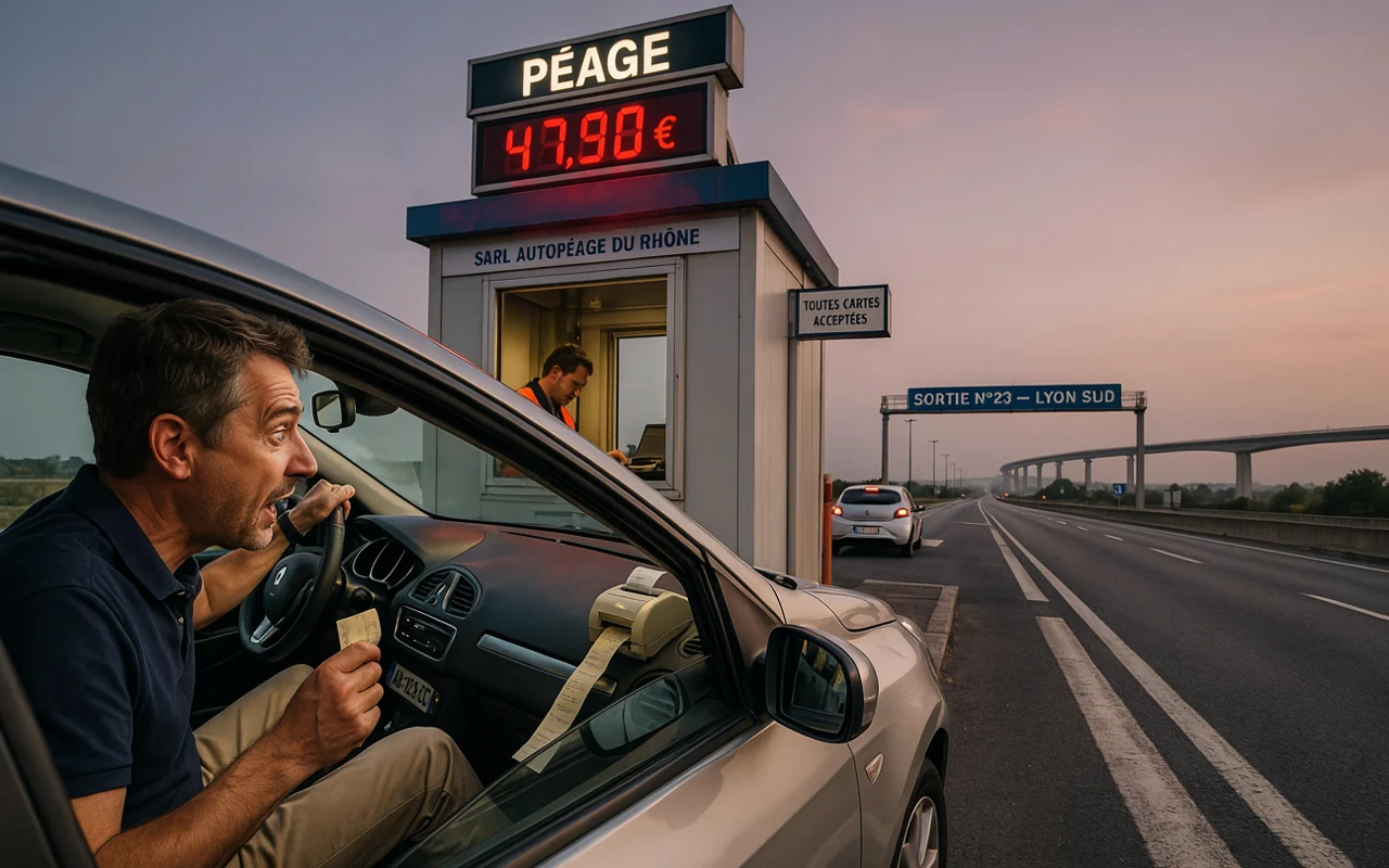 Un automobiliste choqué regarde un ticket de péage tandis que le panneau affiche 47,90 euros.