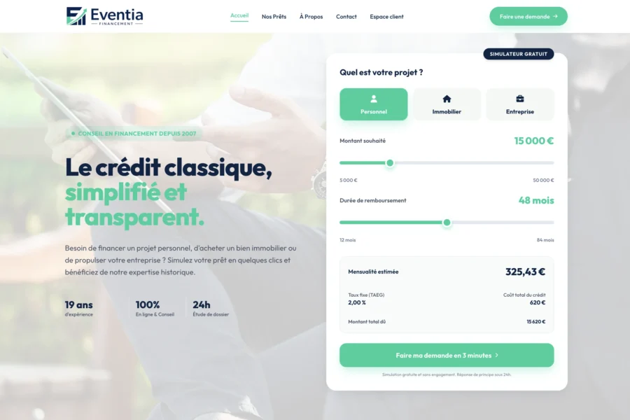 Page d'accueil du site Eventia affichant le slogan Le credit classique simplifie et transparent avec un simulateur. Une interface en vert et blanc permet de calculer le montant du pret.