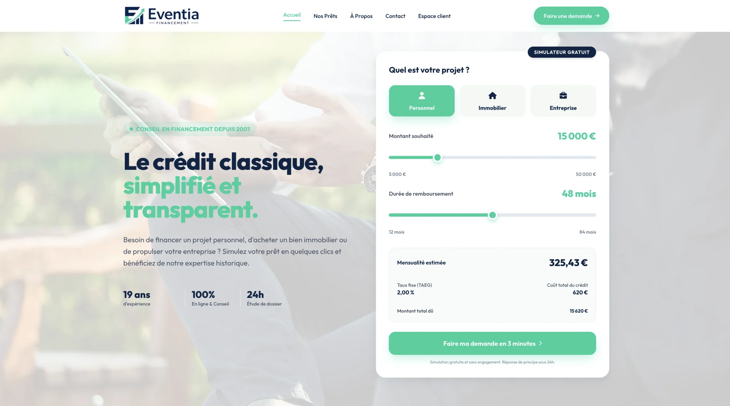 Page d'accueil du site Eventia affichant le slogan Le credit classique simplifie et transparent avec un simulateur. Une interface en vert et blanc permet de calculer le montant du pret.