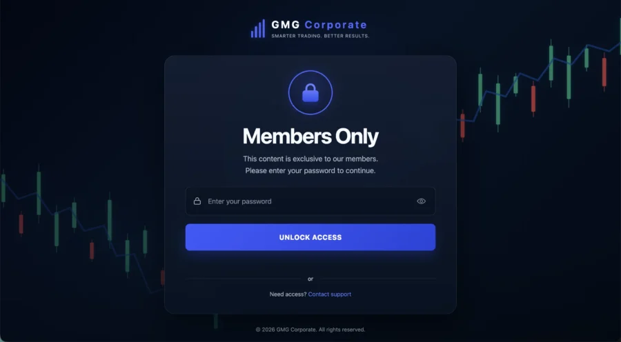 Page de connexion web GMG Corporate avec un formulaire d'entrée, un cadenas et un graphique de chandeliers en arrière-plan.
