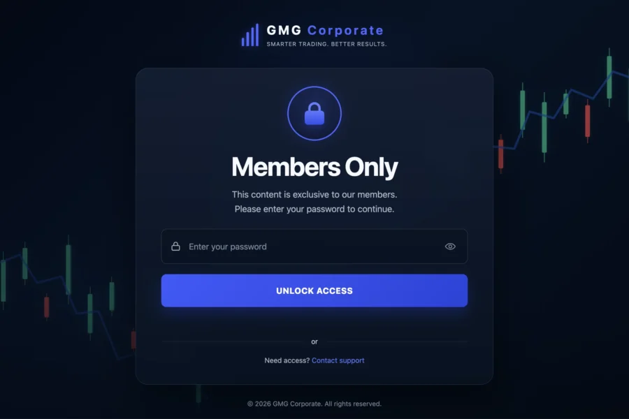Page de connexion web GMG Corporate avec un formulaire d'entrée, un cadenas et un graphique de chandeliers en arrière-plan.
