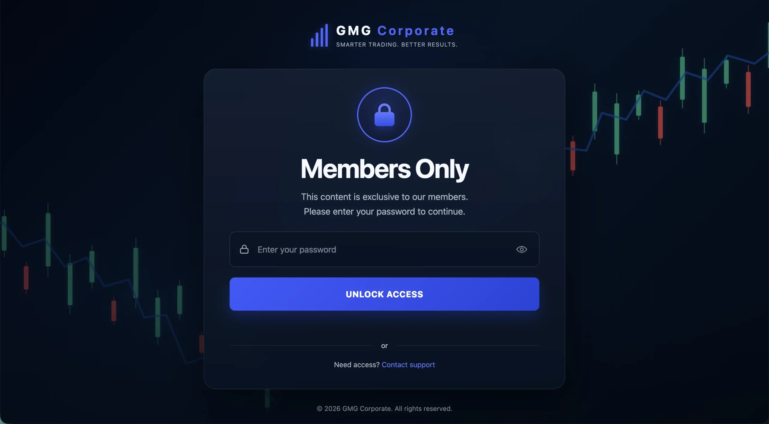 Page de connexion web GMG Corporate avec un formulaire d'entrée, un cadenas et un graphique de chandeliers en arrière-plan.