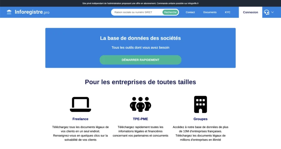 Capture d'écran du site Inforegistre.pro présentant la base de données des sociétés.