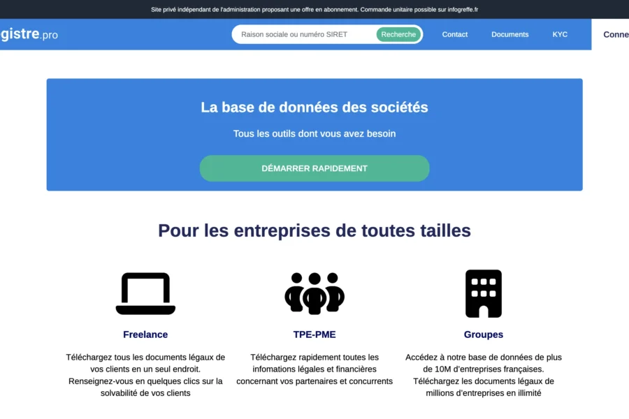 Capture d'écran du site Inforegistre.pro présentant la base de données des sociétés.