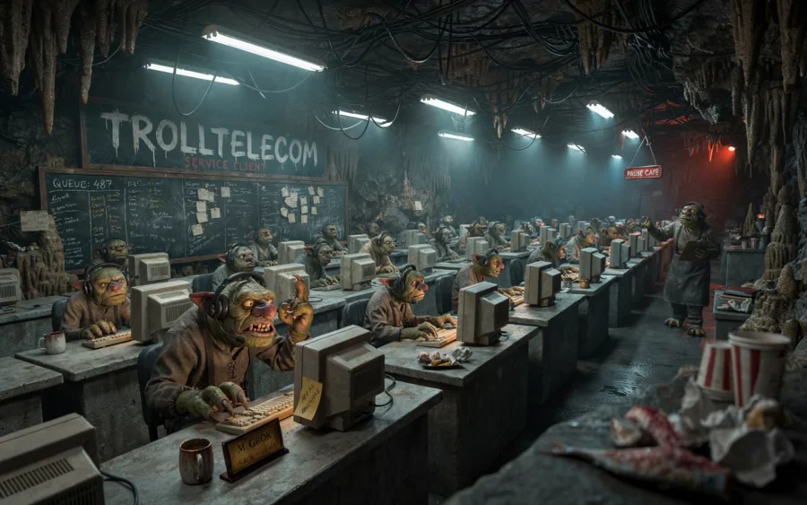 Une illustration fantastique représente des trolls travaillant dans un centre d'appel souterrain et sombre signe Troll Telecom.