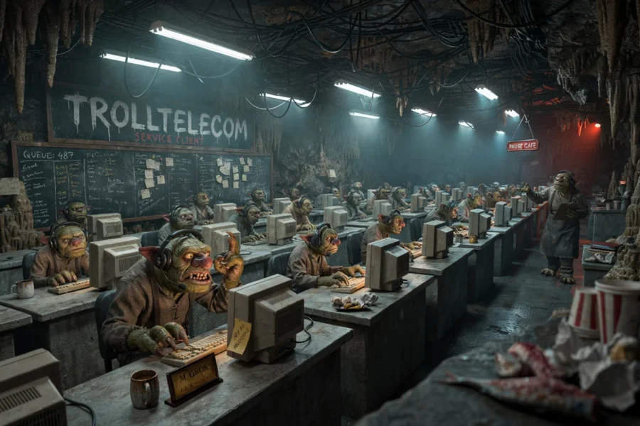Une illustration fantastique représente des trolls travaillant dans un centre d'appel souterrain et sombre signe Troll Telecom.