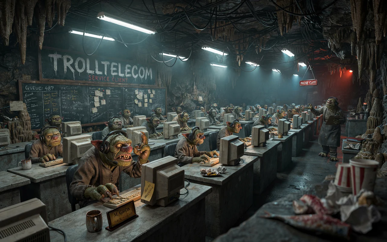 Une illustration fantastique représente des trolls travaillant dans un centre d'appel souterrain et sombre signe Troll Telecom.