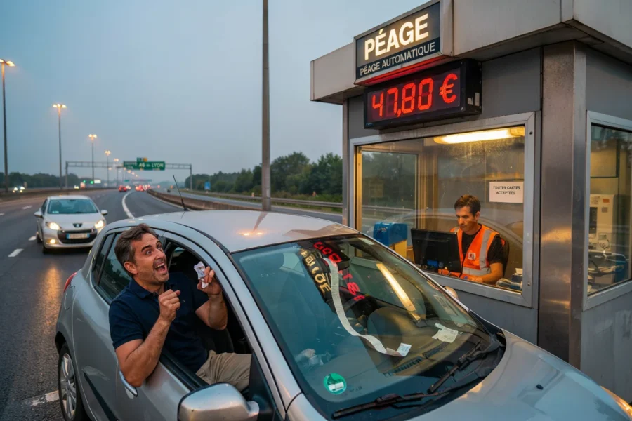 Un automobiliste montre une réaction de surprise devant un écran d'autoroute affichant un coût de 4,780 euros.