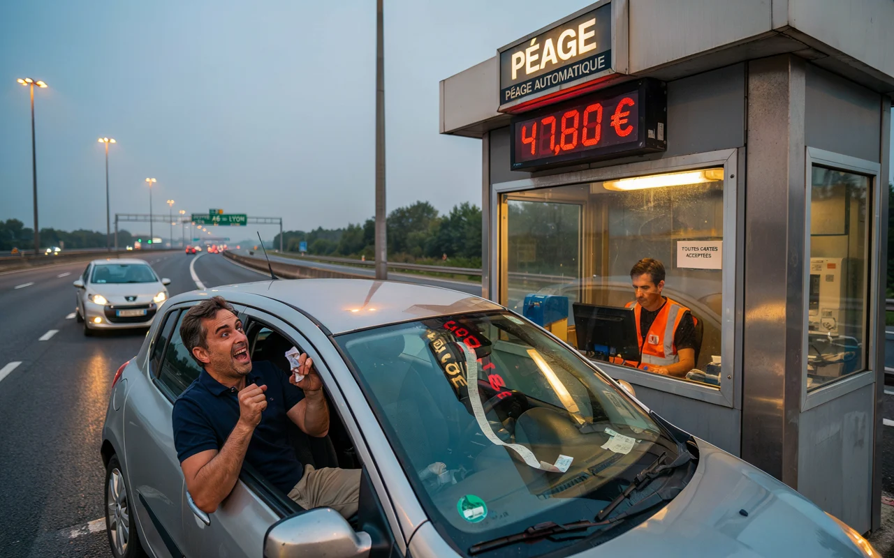 Un automobiliste montre une réaction de surprise devant un écran d'autoroute affichant un coût de 4,780 euros.