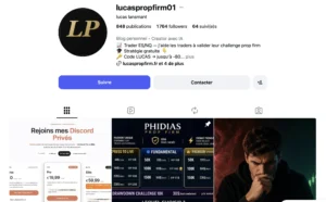 Capture de page Instagram de lucaspropfirm01 affichant des offres Phidias Prop Firm et Discord Privé. La bio mentionne trader ES/NQ et stratégie.