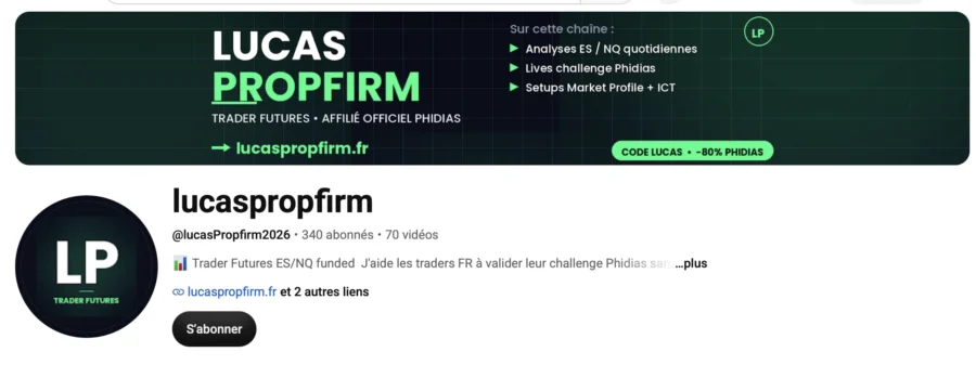 Capture d'un profil YouTube promotionnant Lucas Propfirm et le trading.