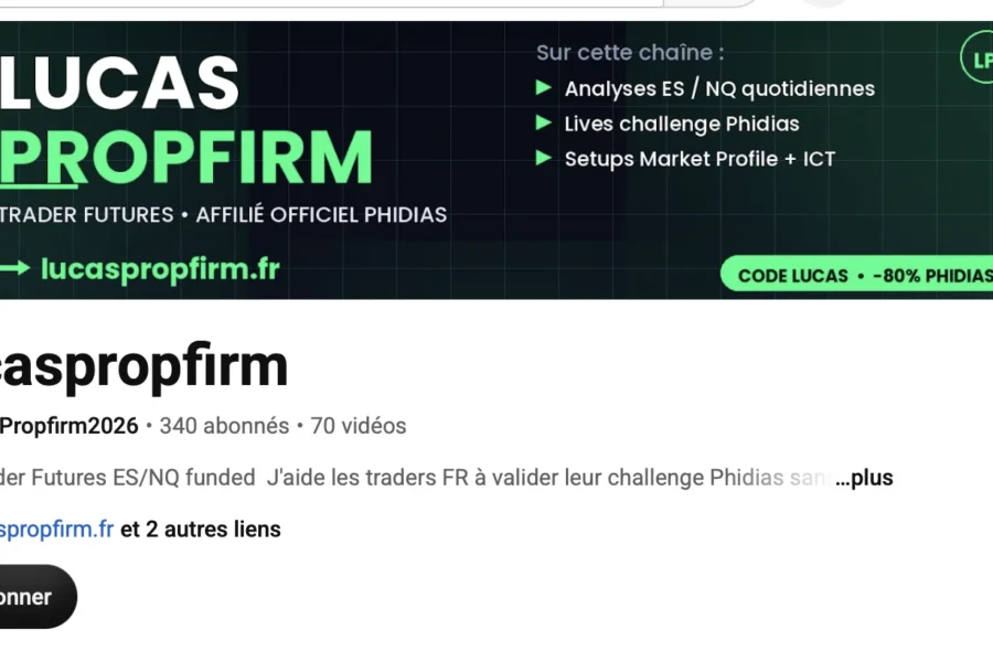 Capture d'un profil YouTube promotionnant Lucas Propfirm et le trading.