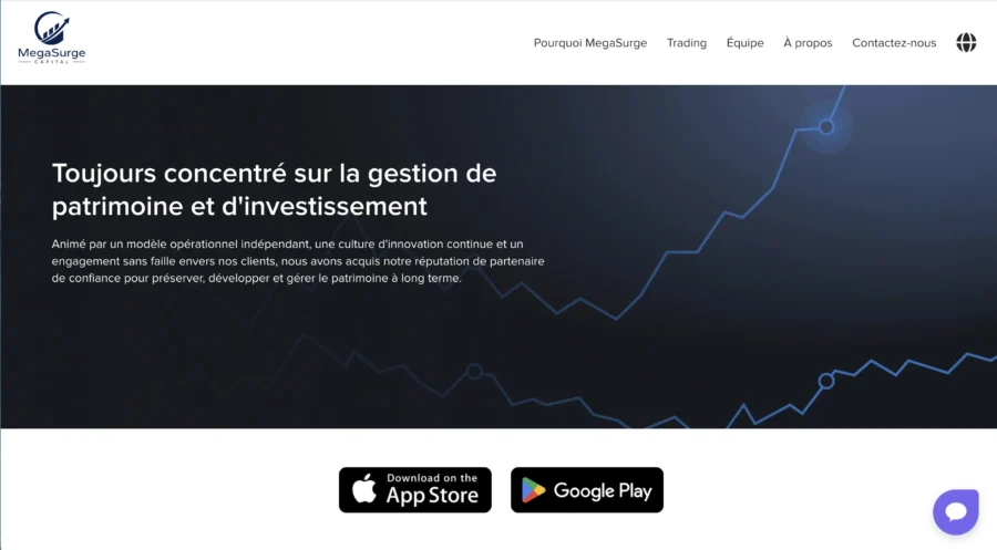 Cette image montre une page web proposant une application de gestion de patrimoine et d'investissement, avec des boutons pour télécharger sur App Store et Google Play.