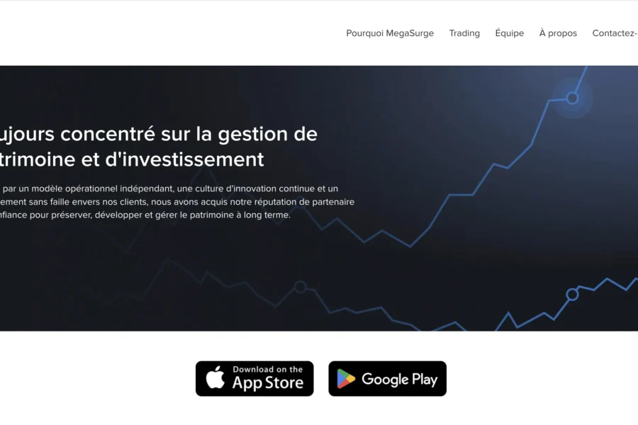Cette image montre une page web proposant une application de gestion de patrimoine et d'investissement, avec des boutons pour télécharger sur App Store et Google Play.