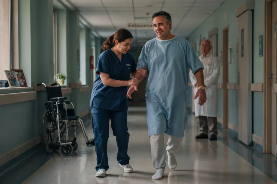 Une infirmière en uniforme bleu accompagne un patient pour marcher dans un couloir d'hôpital, avec un fauteuil roulant visible en arrière-plan.