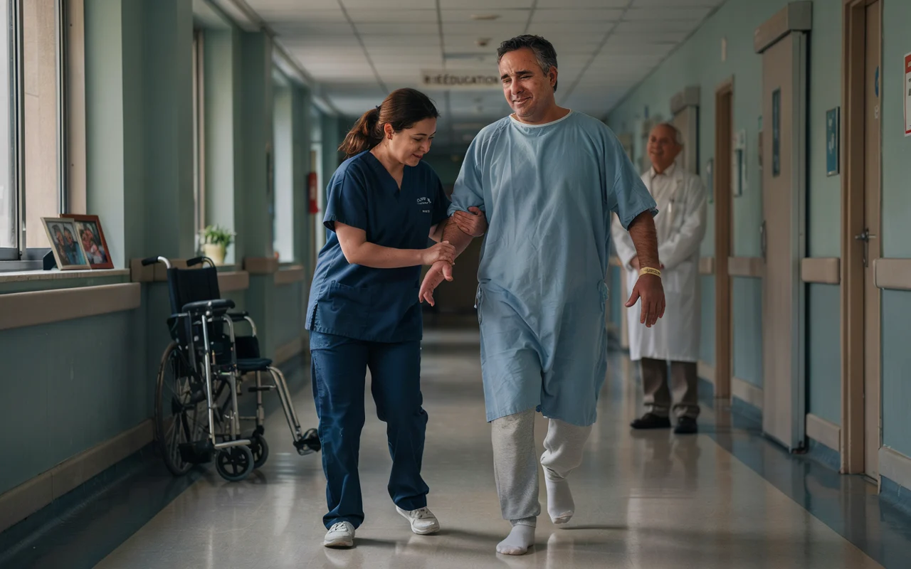 Une infirmière en uniforme bleu accompagne un patient pour marcher dans un couloir d'hôpital, avec un fauteuil roulant visible en arrière-plan.
