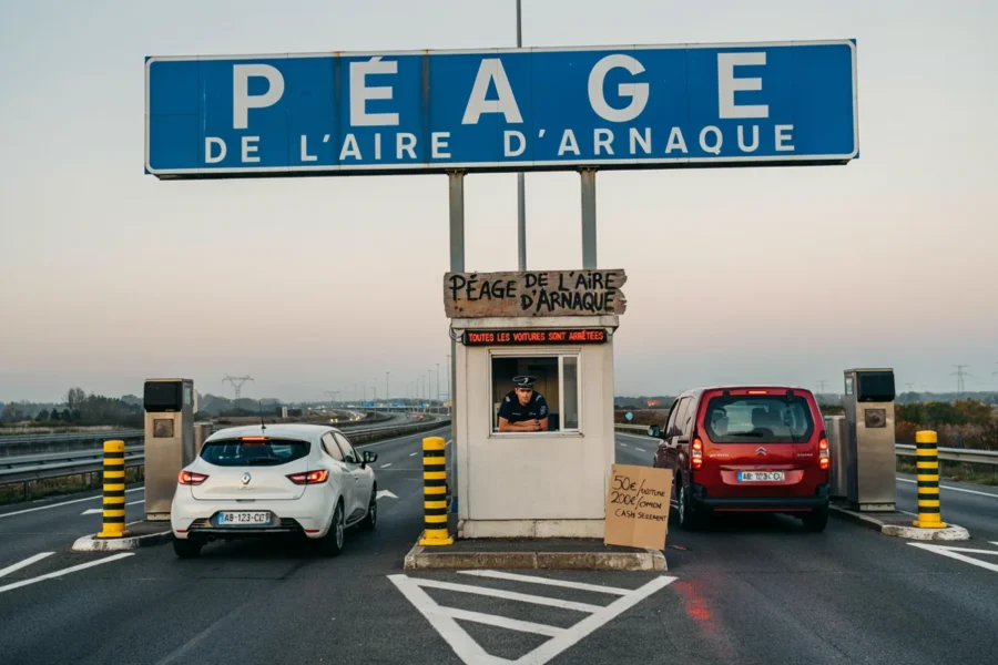 Illustration satirique d'un péage automobile portant l'inscription 'Péage de l'aire d'arnaque', avec deux voitures et un collecteur derrière un guiiche. Symbole visuel fort pour critiques anti-arnaque financière.