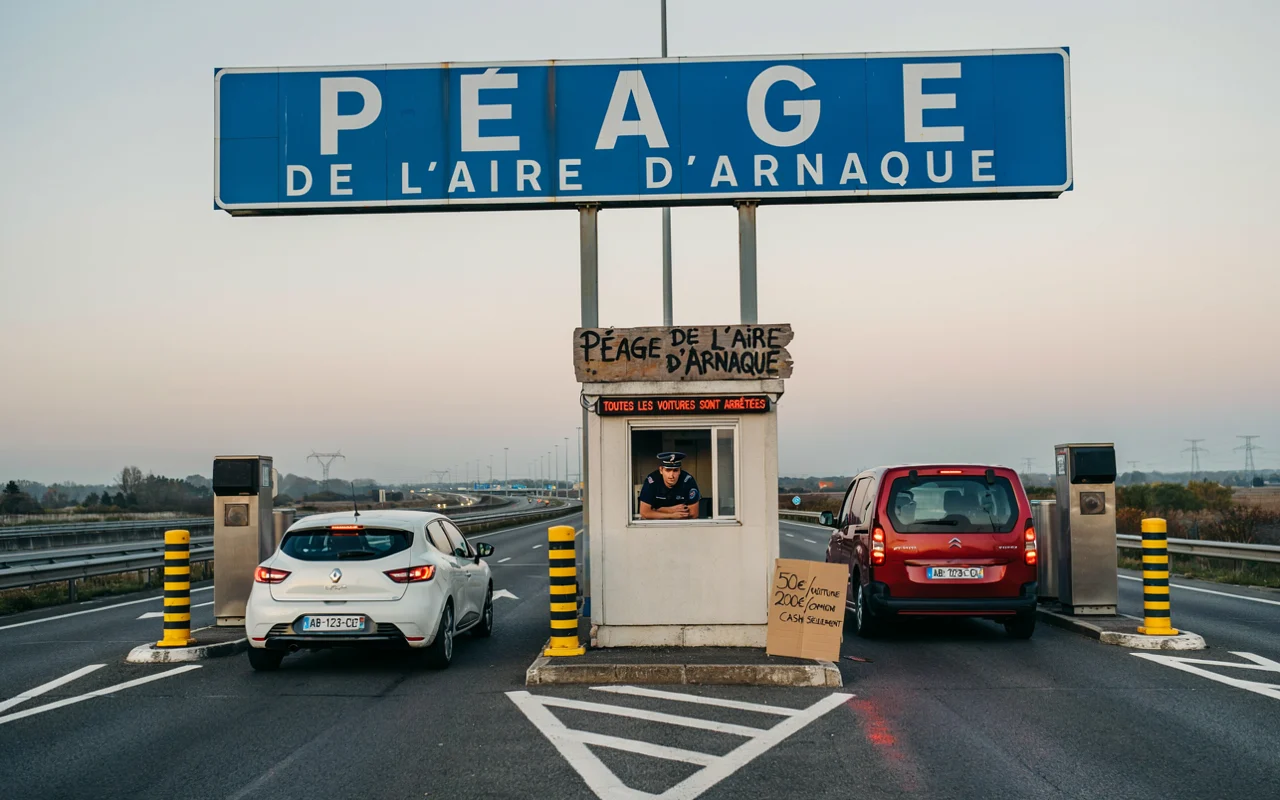 Illustration satirique d'un péage automobile portant l'inscription 'Péage de l'aire d'arnaque', avec deux voitures et un collecteur derrière un guiiche. Symbole visuel fort pour critiques anti-arnaque financière.