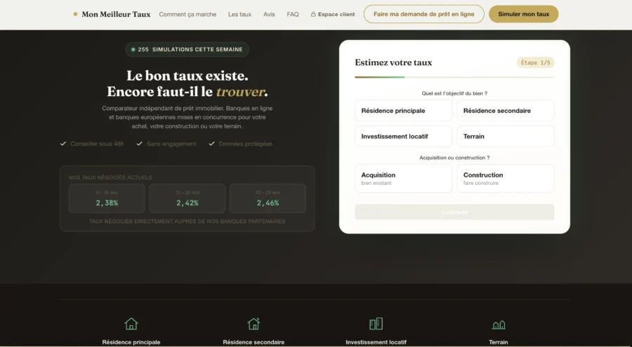 Formulaire en ligne permettant d'effectuer une simulation de taux financier sur fond sombre.